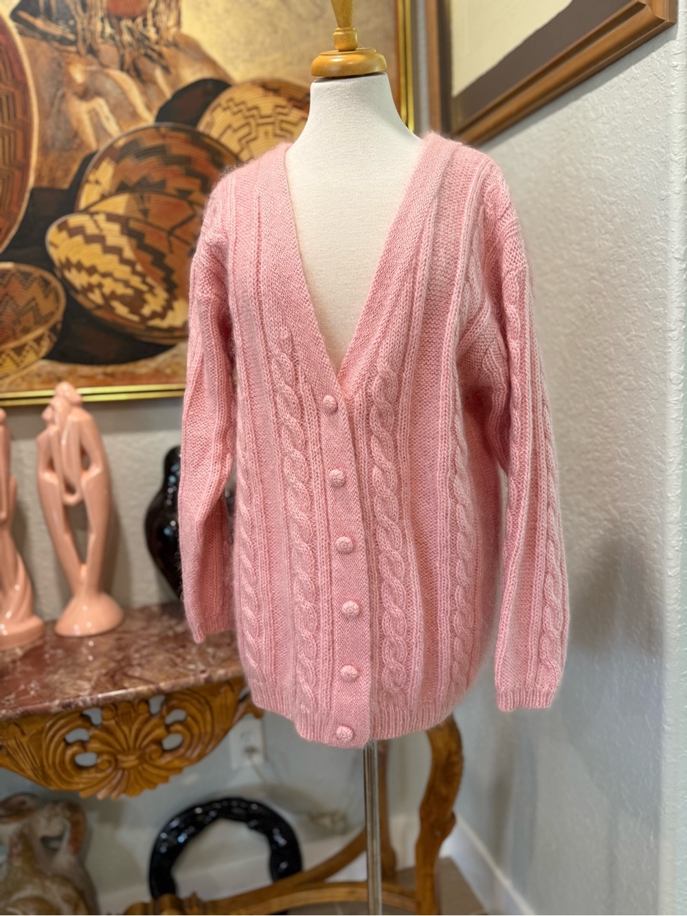 VTG Fuzzy Cable Knit Pink Button-Up Sweater